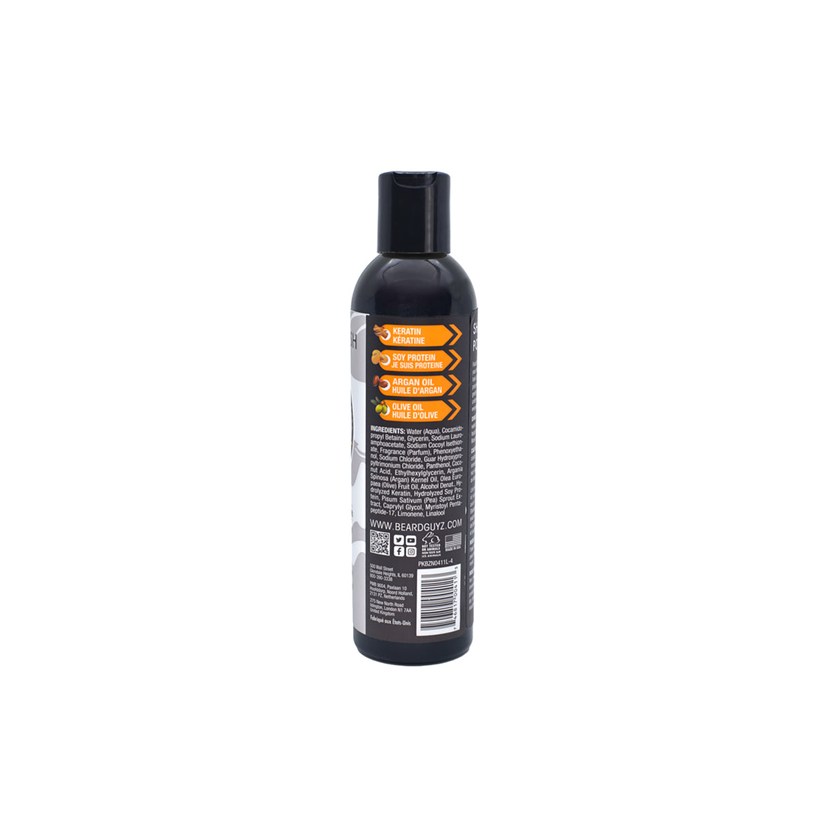 Back of a black plastic bottle of Beard Guyz beard shampoo. The bottle has a black screw cap and a white label with product information, including ingredient list and instructions for use.