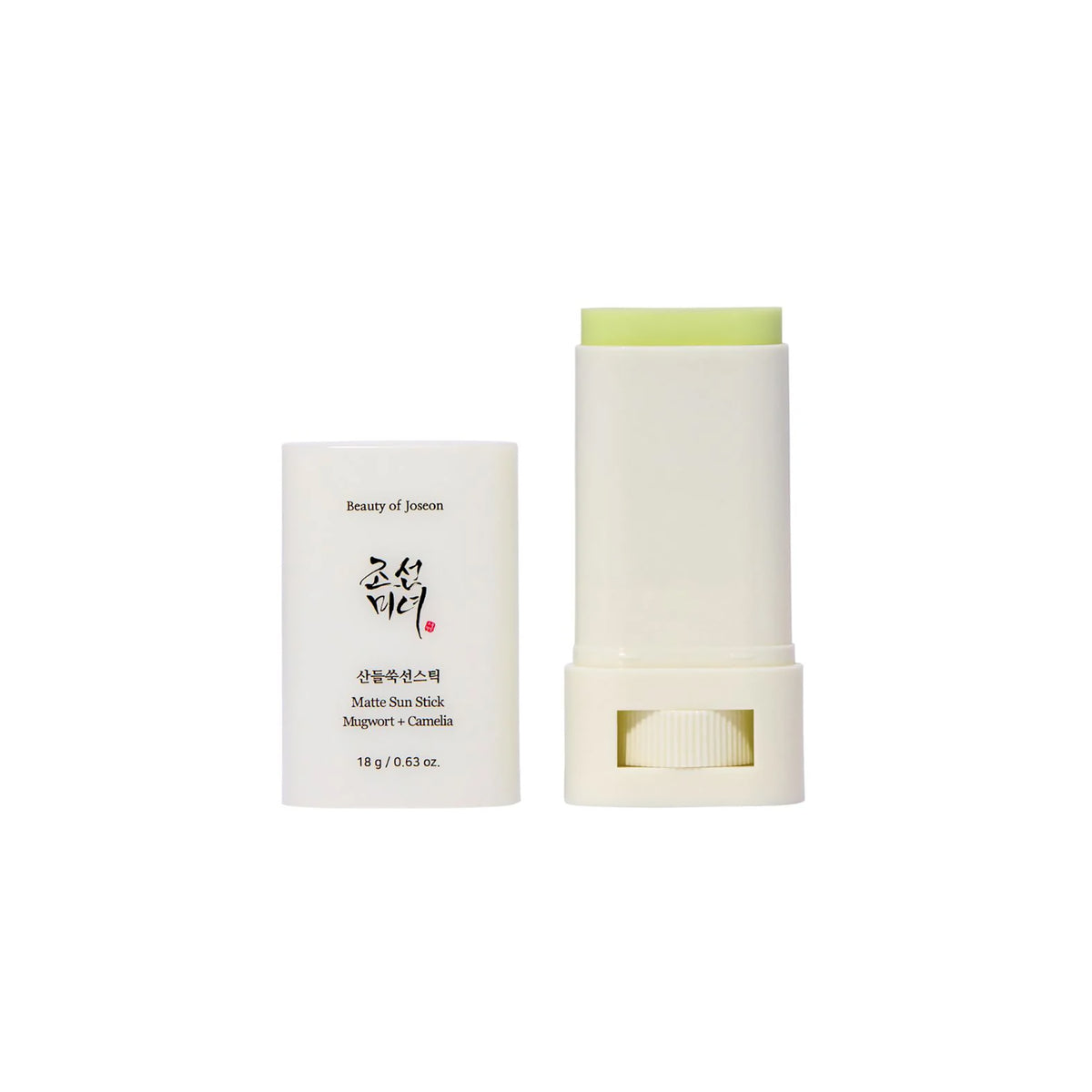 Beauty of Joseon Matte Sun Stick Mugwort + Camelia 18gr with open and closed white container on white background.