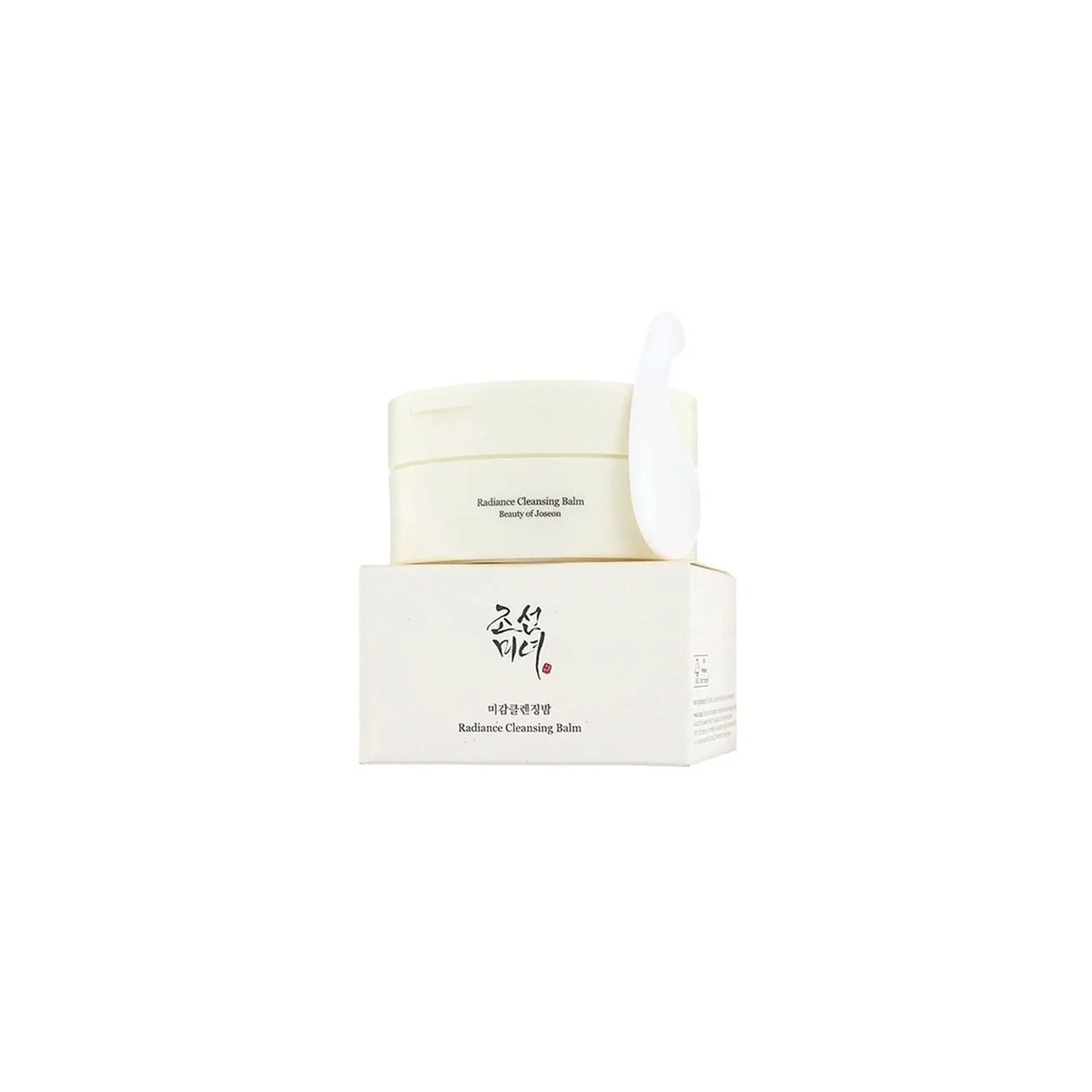 Beauty of Joseon Radiance Cleansing Balm 100ml in elegant container with spatula and original packaging on white background.