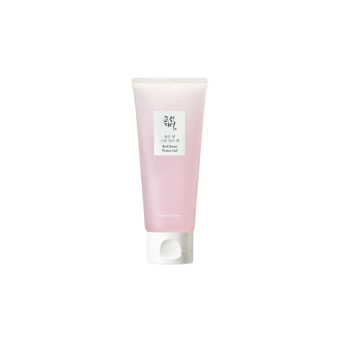 Pink tube with Beauty of Joseon Red Bean Water Gel 100ml with white lid and minimalist label on white background.