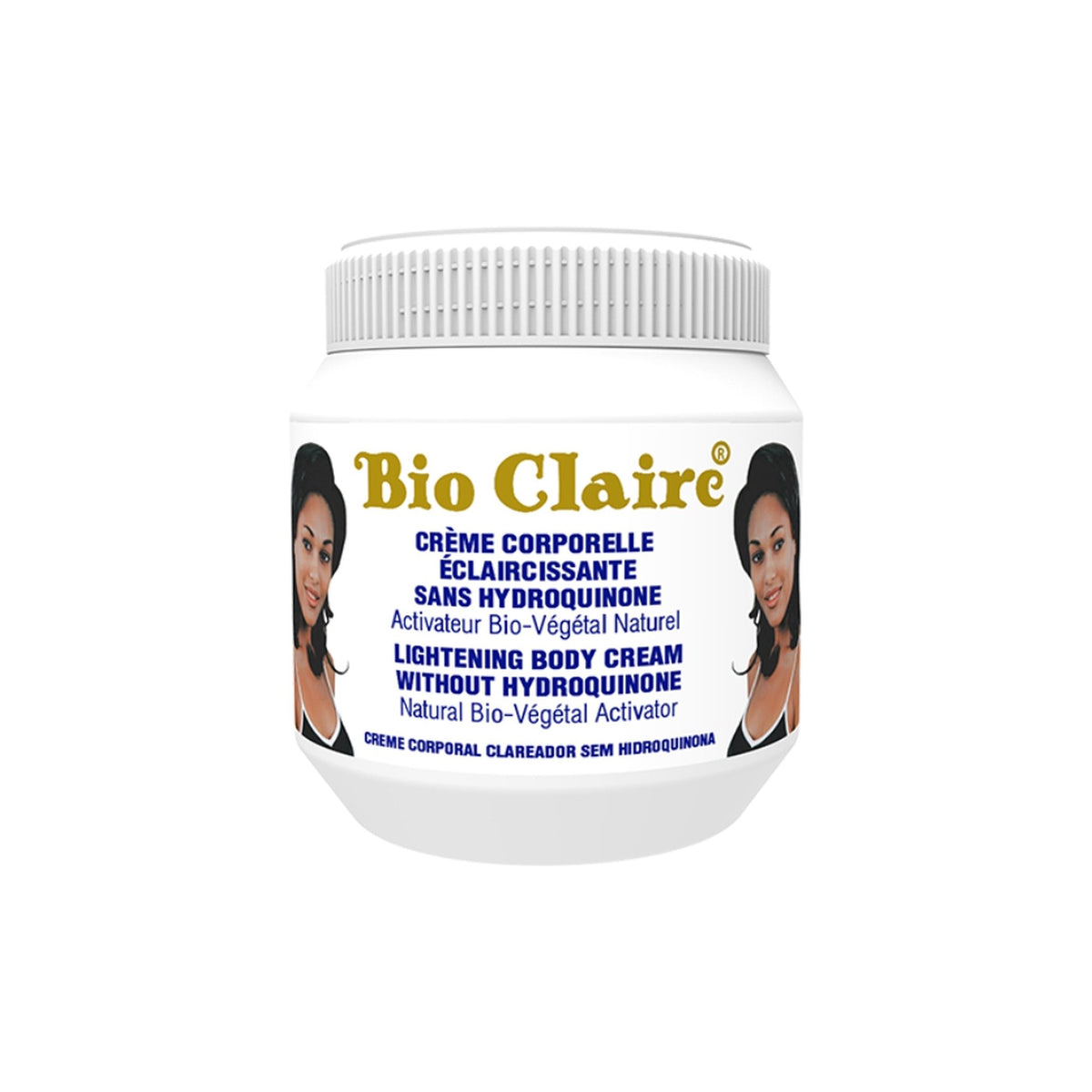 A white bucket of Bio Claire Lightening Body Cream with a label with gold lettering and pictures of a woman.
