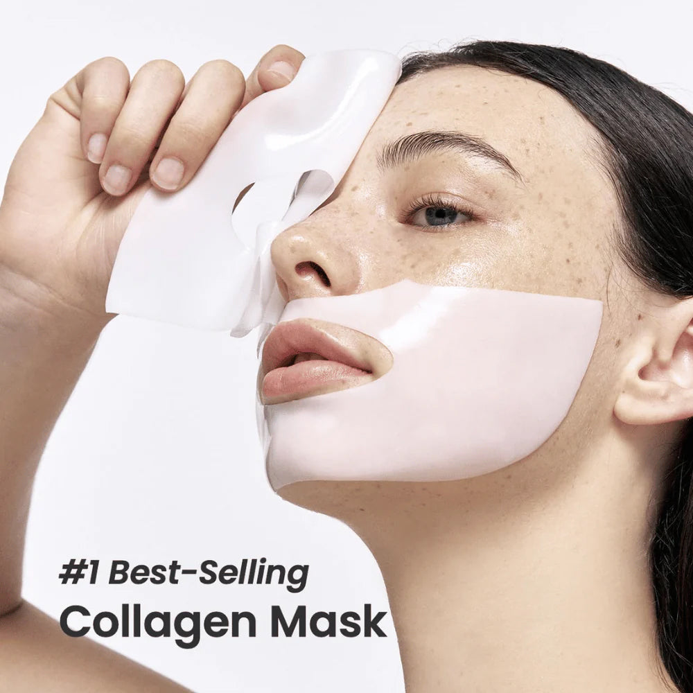 Woman puts Biodance Bio Collagen Real Deep Mask in clear gel on her face for deep skin care and moisture boost.