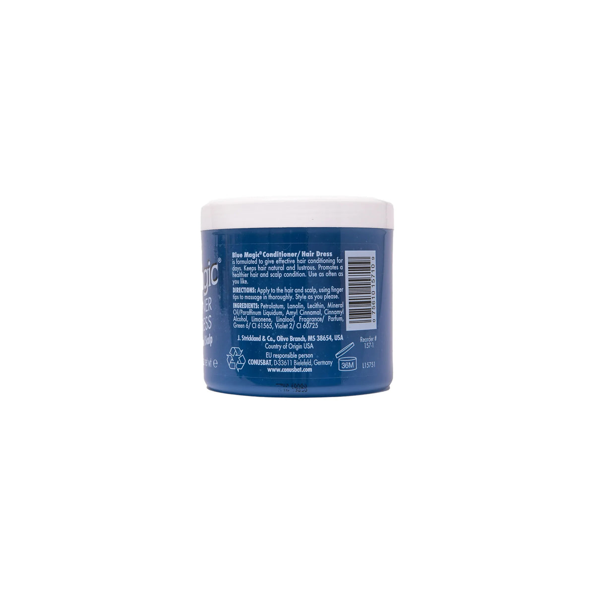 The back of a blue bucket of Blue Magic Conditioner Hair Dress with a white lid. Ingredients and instructions for use are printed on the label.