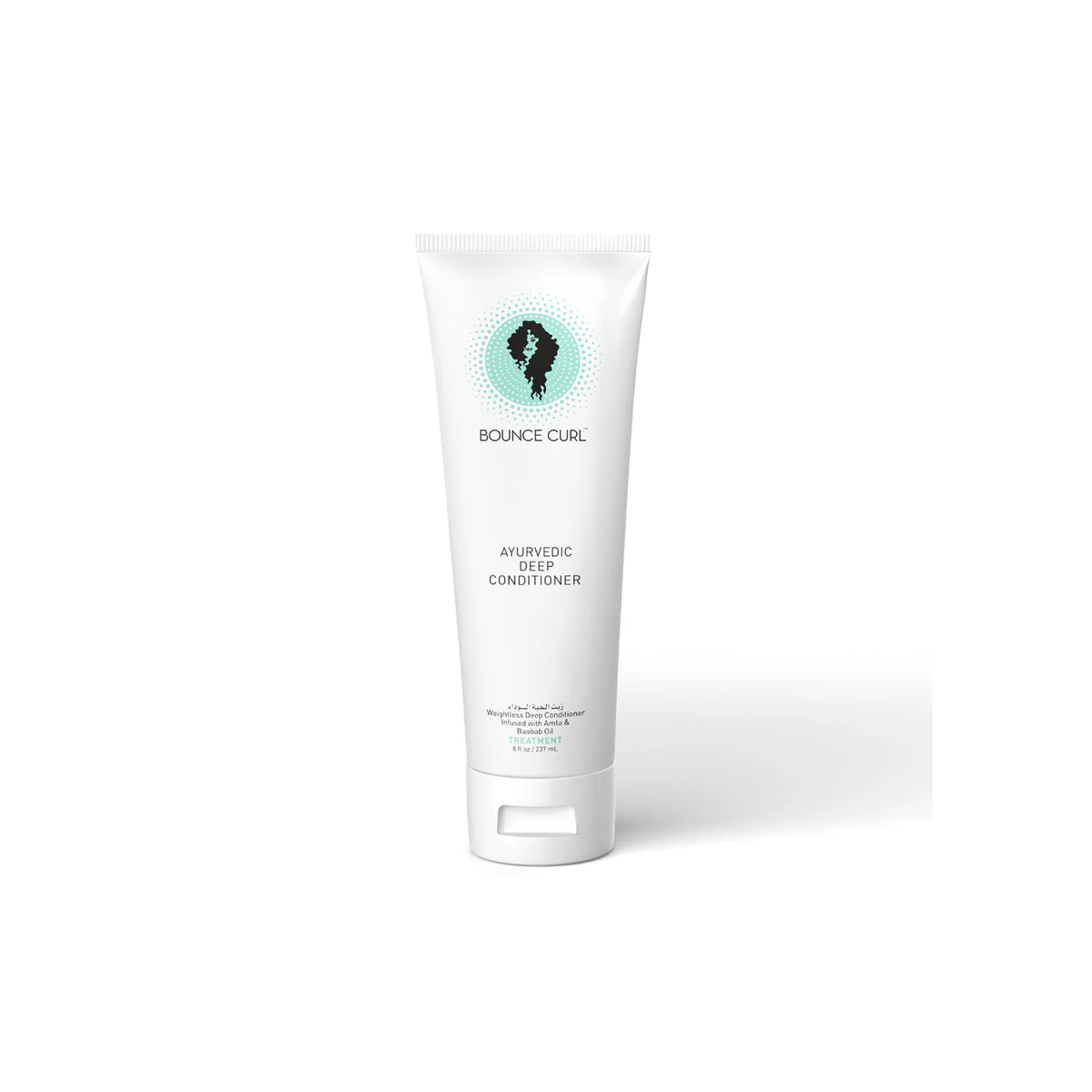 White tube Bounce Curl Ayurvedic Deep Conditioner 237ml with black logo and turquoise details on a white background.