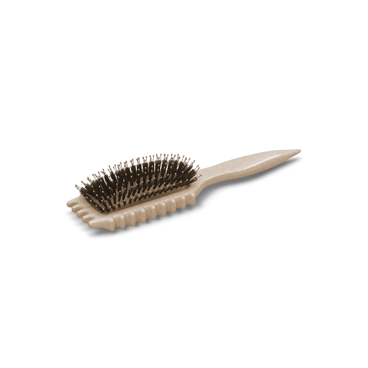 Tan colored Bounce Curl Define EdgeLift Brush with dark bristles and ergonomic handle for precise hair styling.