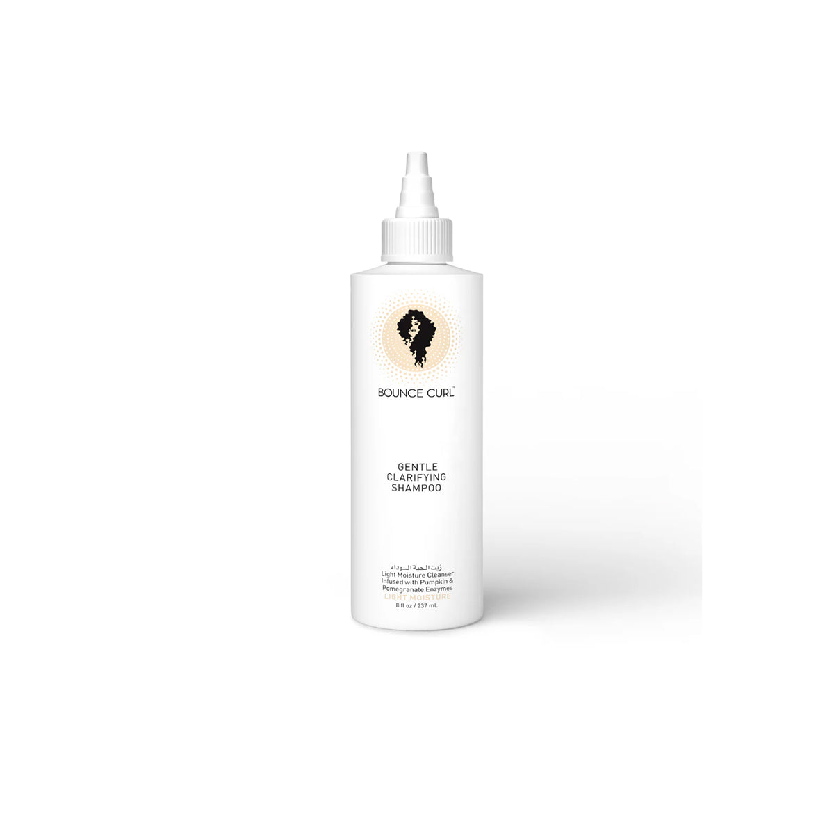 Bounce Curl Gentle Clarifying Shampoo 237ml in elegant white bottle with golden logo, designed for gentle cleansing and freshly moisturized scalp.