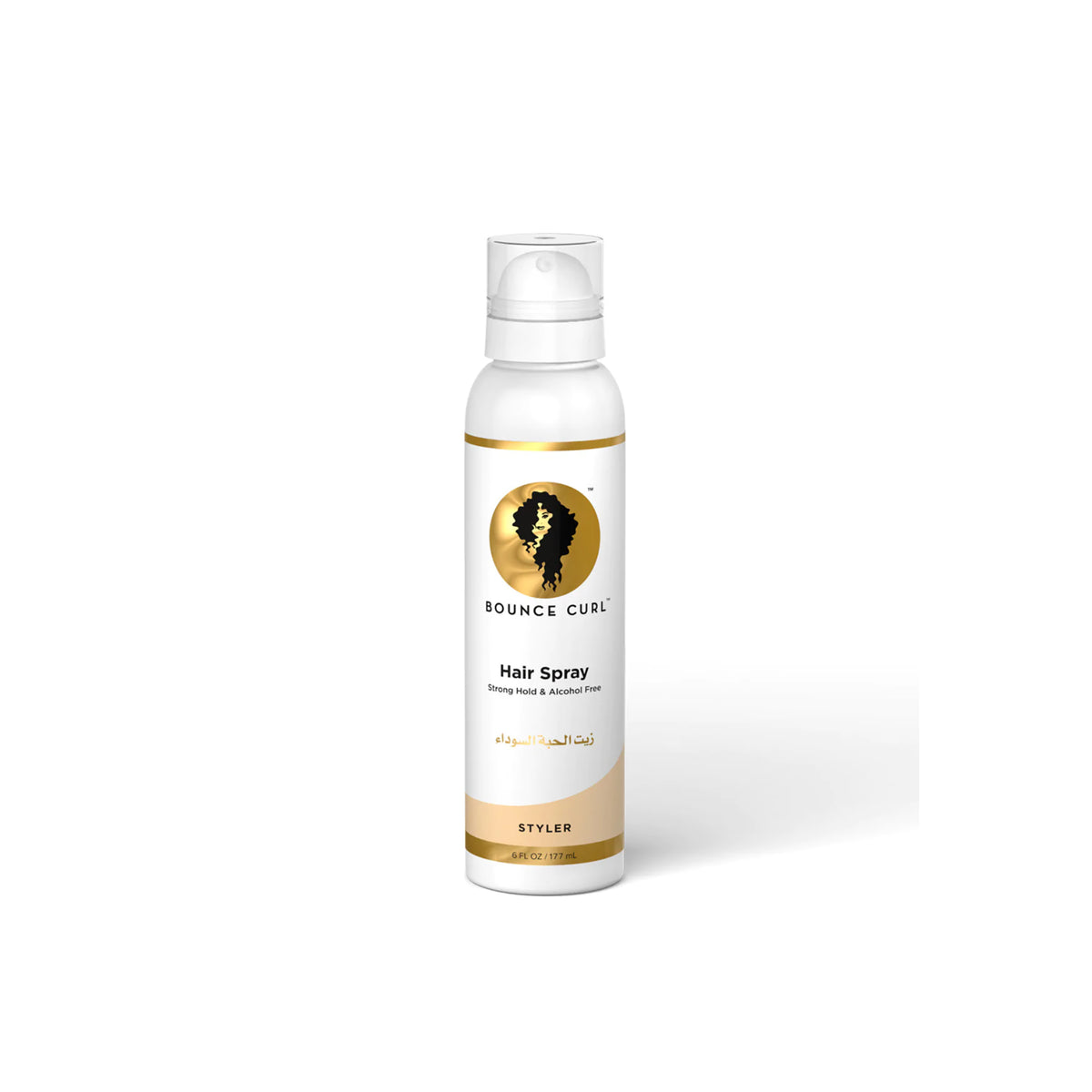 Bounce Curl Hair Spray 177ml in white and golden bottle with pump cap, designed for strong hold without alcohol.