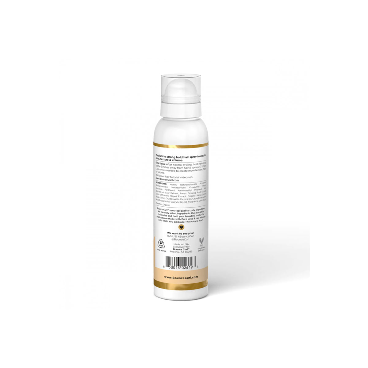 White bottle of Bounce Curl Hair Spray 177ml with gold rim and text back label, standing against white background.