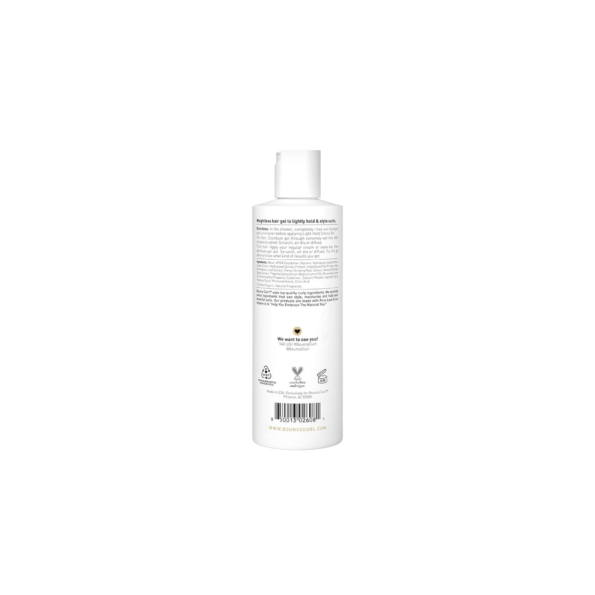 White bottle with the text on the back of Bounce Curl Light Creme Gel 237ml for curly hair with natural ingredients.