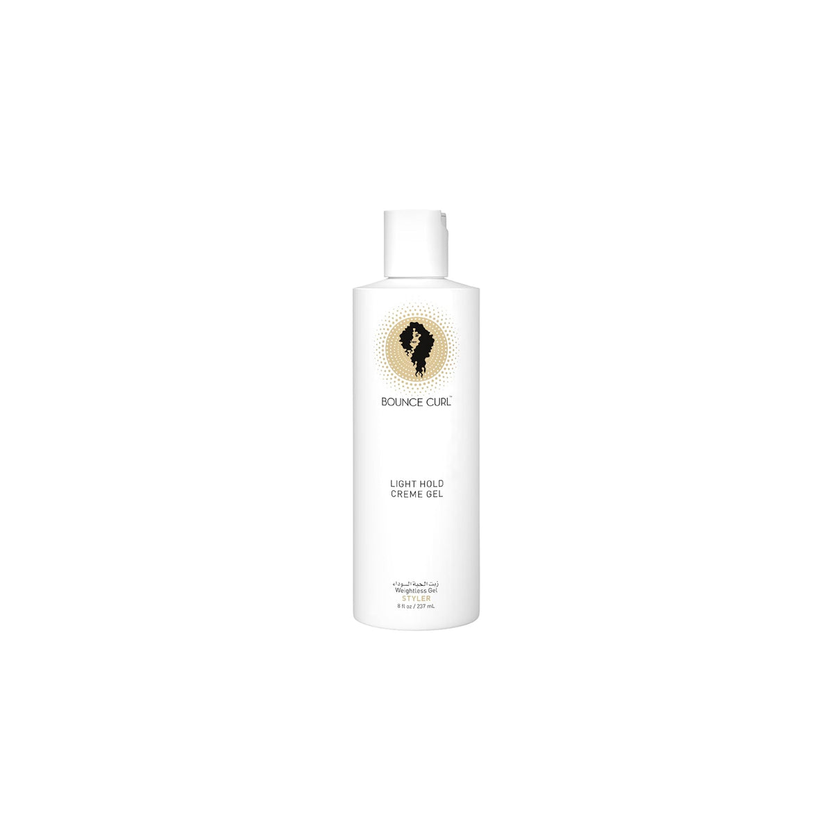 Bounce Curl Light Crème Gel 355ml standing on white background with white cap and elegant, minimalist label in white and gold.