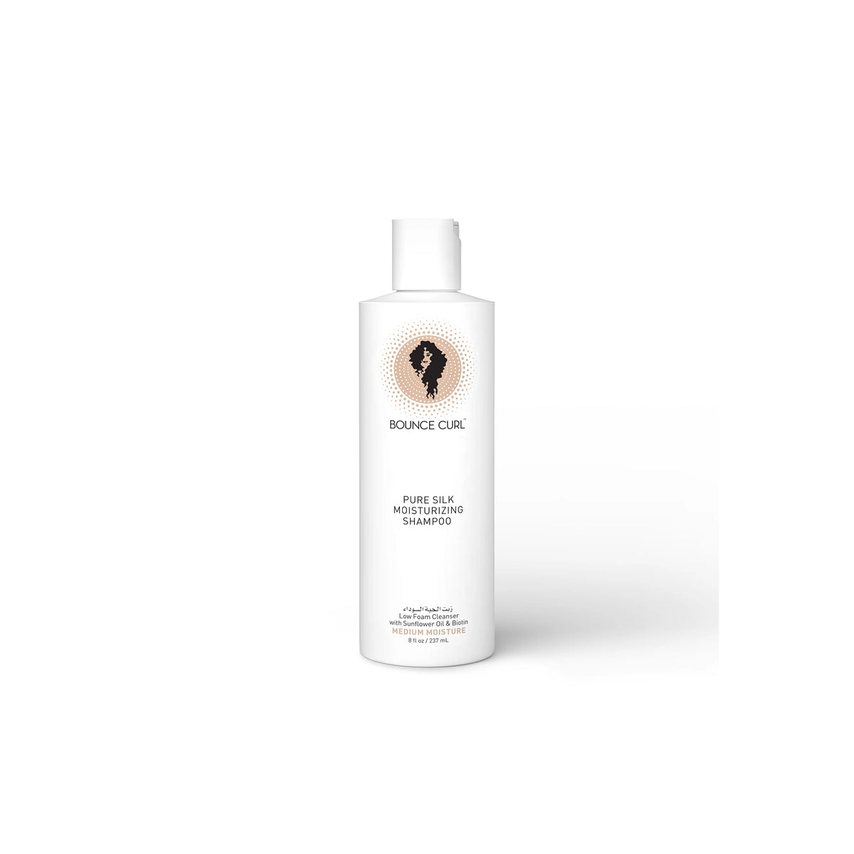 Bounce Curl Pure Silk Moisturizing Shampoo 237ml in elegant white bottle with gold logo, enriched with silk protein for shiny and moisturized hair.