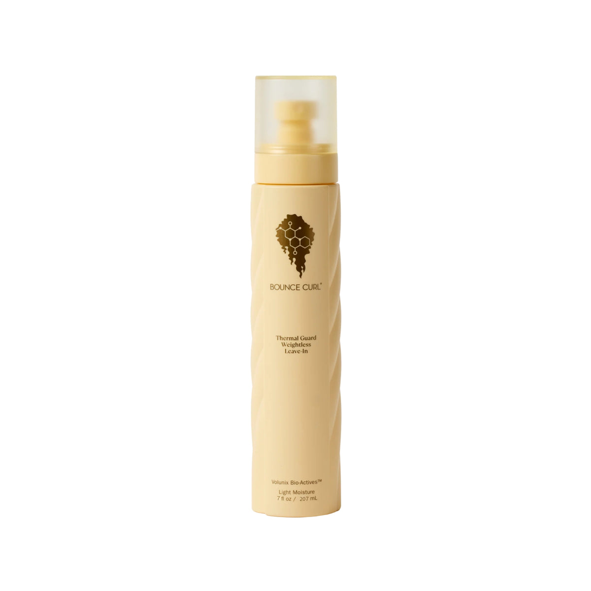 Bounce Curl Thermal Guard Weightless Leave-In spray bottle with gold logo on cream colored label, 207 ml.