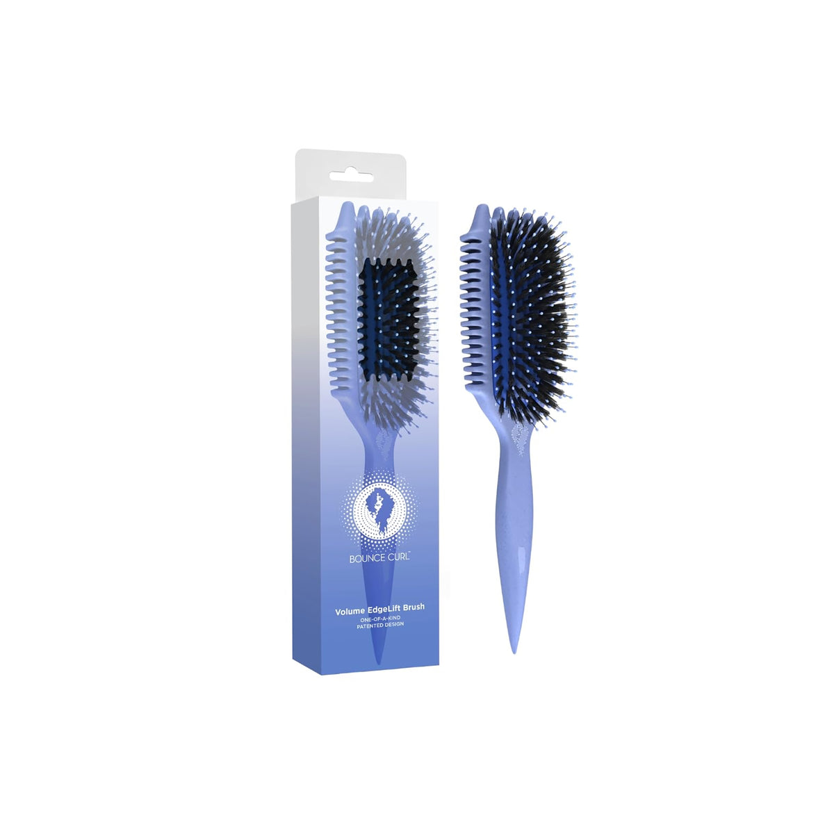 Bounce Curl Volume EdgeLift Brush Blue with blue shaft and black bristles next to matching blue product box.
