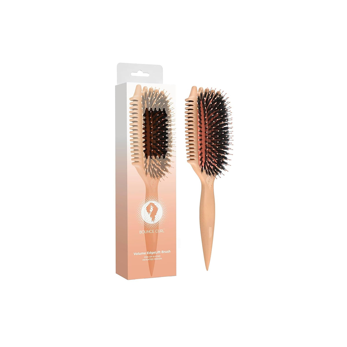 Bounce Curl Volume EdgeLift Brush Peach in peach color in front of accompanying box with black and brown brush in the middle.