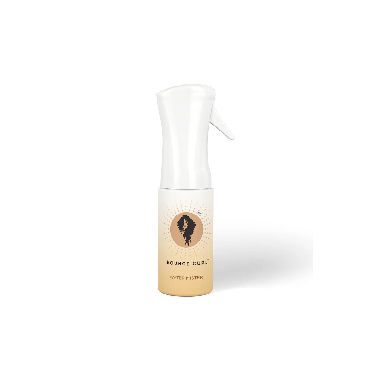 White spray bottle with logo and the text 'Bounce Curl Water Mister' in golden tone on the lower half of the bottle.