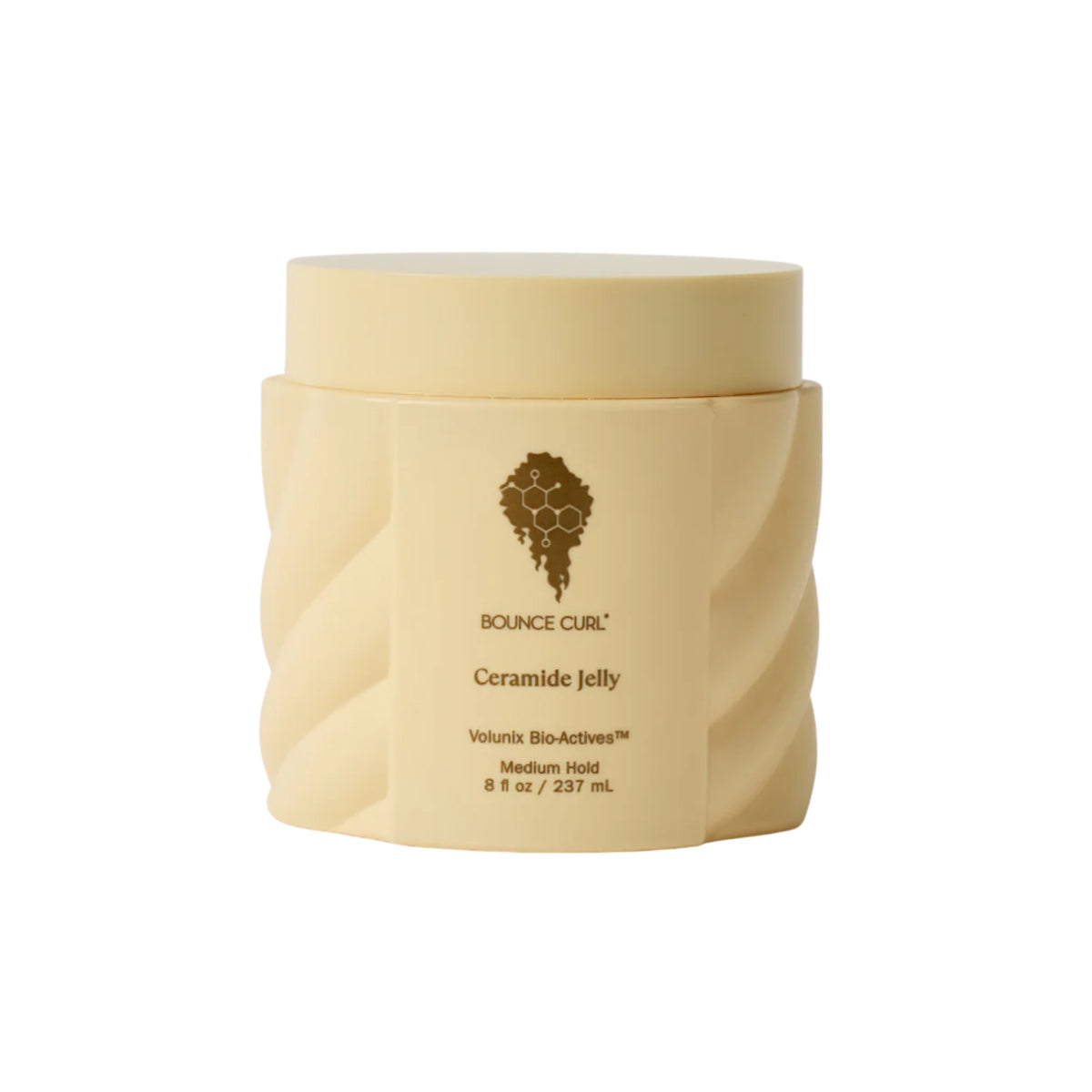 Bounce Curl Ceramide Jelly medium hold styling gel in 237 ml container with beige label and honeycomb logo.