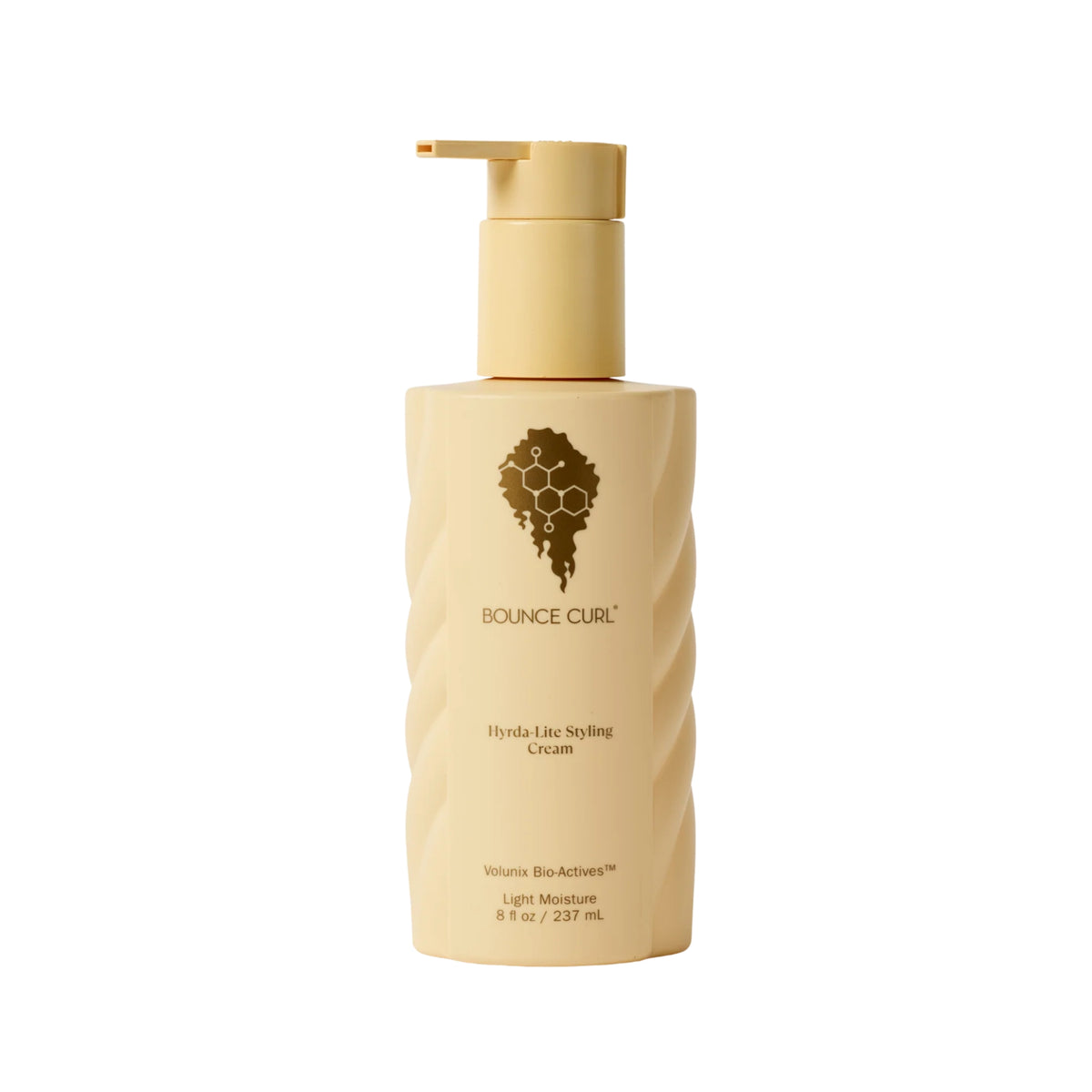 Bounce Curl Hydra-Lite Styling Cream in beige pump bottle with gold logo, 237 ml light moisturizing hair product with Volunix Bio-Actives.