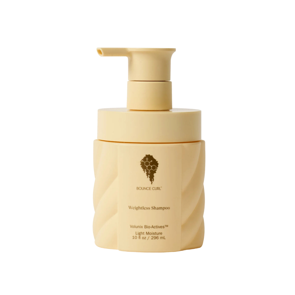 Bounce Curl Weightless Shampoo 296 mL pump bottle with beige color and honeycomb logo for volumizing hair care.