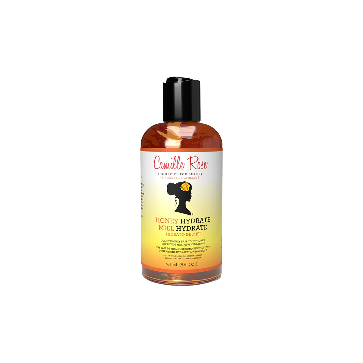 A clear bottle with a black pump containing Camille Rose Honey Hydrate Leave-In Conditioner. The product is placed on a white background.