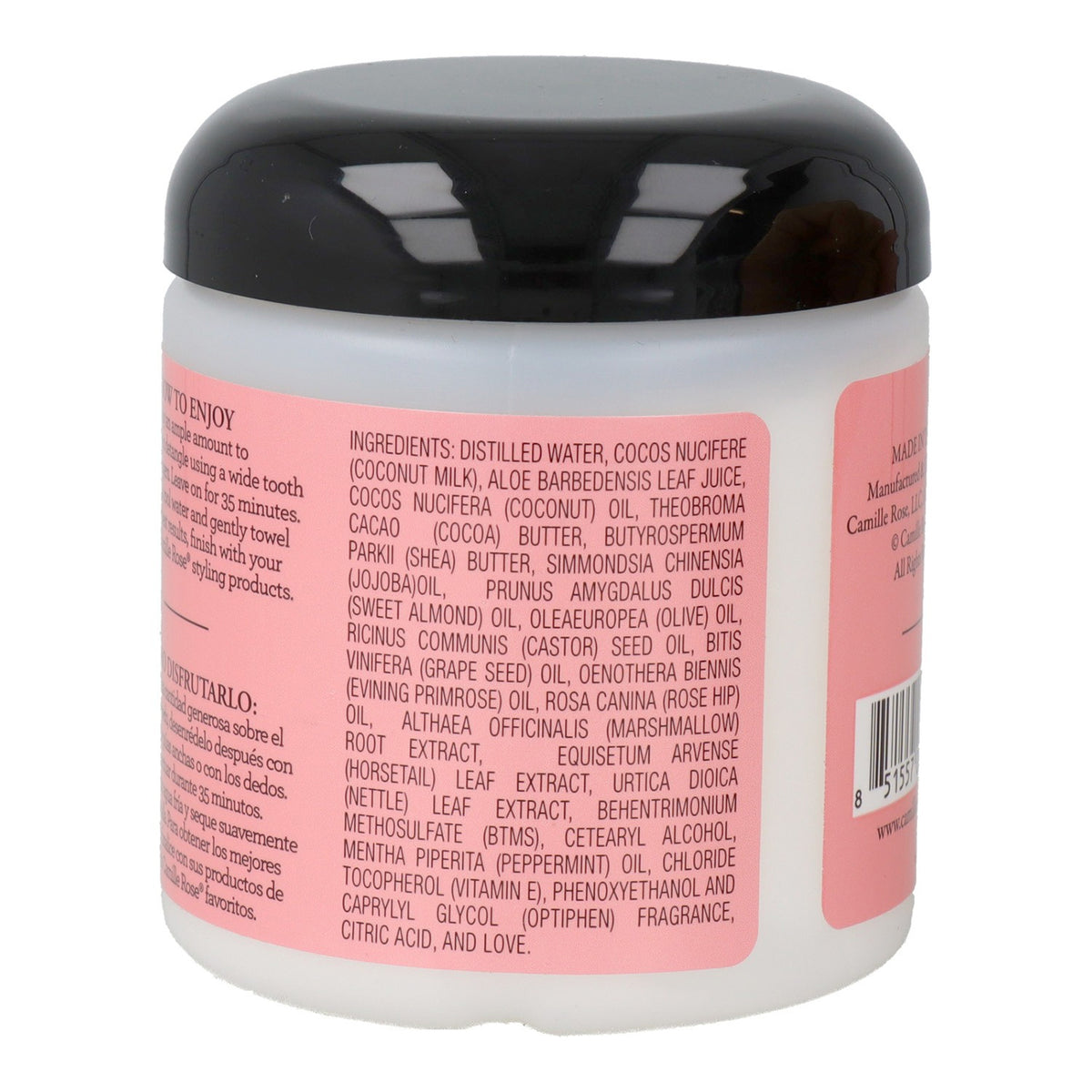 Back of a white jar with a purple lid containing Camille Rose Jansyn's Moisture Max Conditioner. The label shows the ingredient list and product information in English.