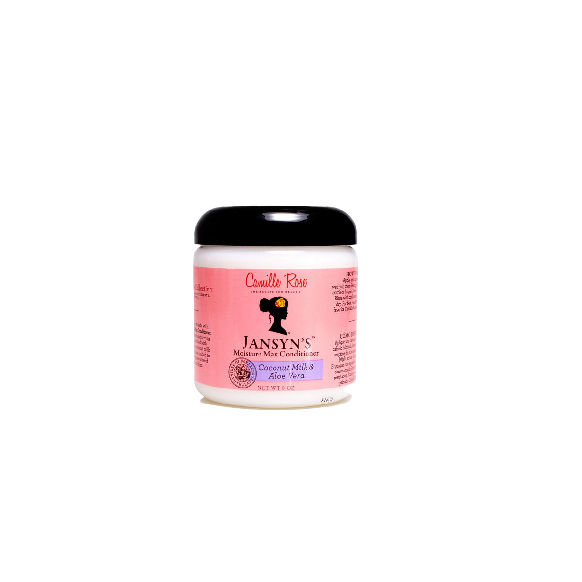 Clear container with purple lid containing Camille Rose Jansyn's Moisture Max Conditioner. The product is placed on a white background.