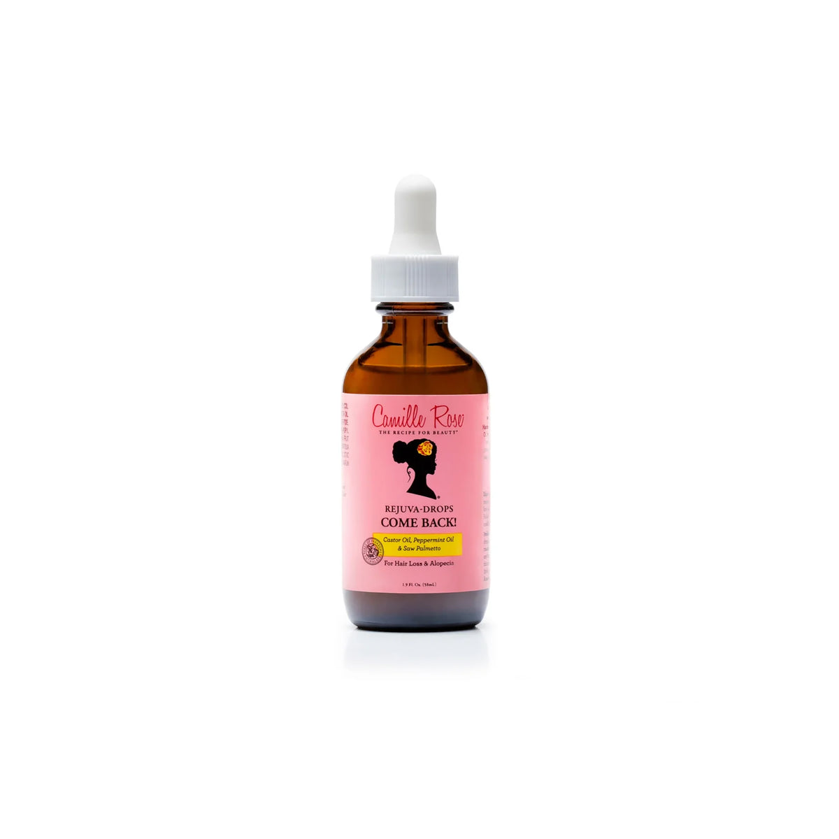 Camille Rose Rejuva-Drops: Serum in brown glass bottle with dropper and pink label with silhouette of woman's head.