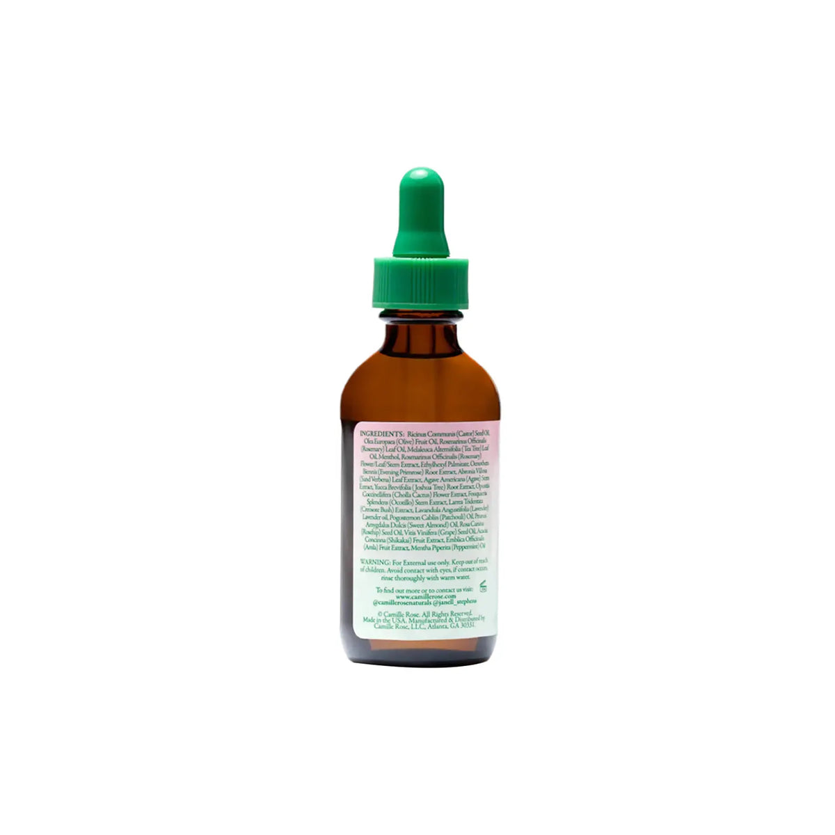 The back of a brown glass bottle with a green dropper containing Camille Rose Rosemary Oil Strengthening Hair & Scalp Drops. The label contains a list of ingredients, instructions for use and other product information.