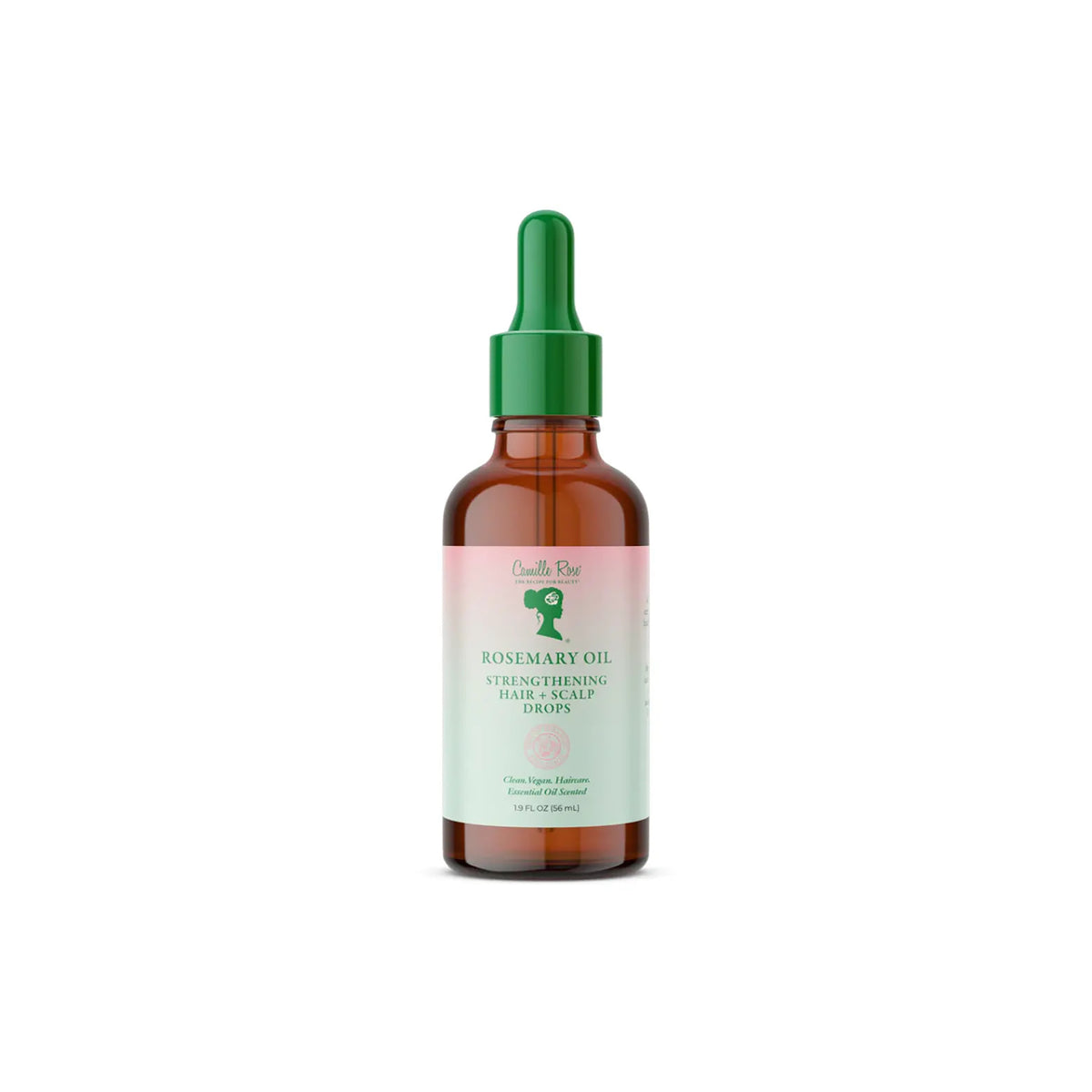 Brown glass bottle with green dropper containing Camille Rose Rosemary Oil Strengthening Hair & Scalp Drops.