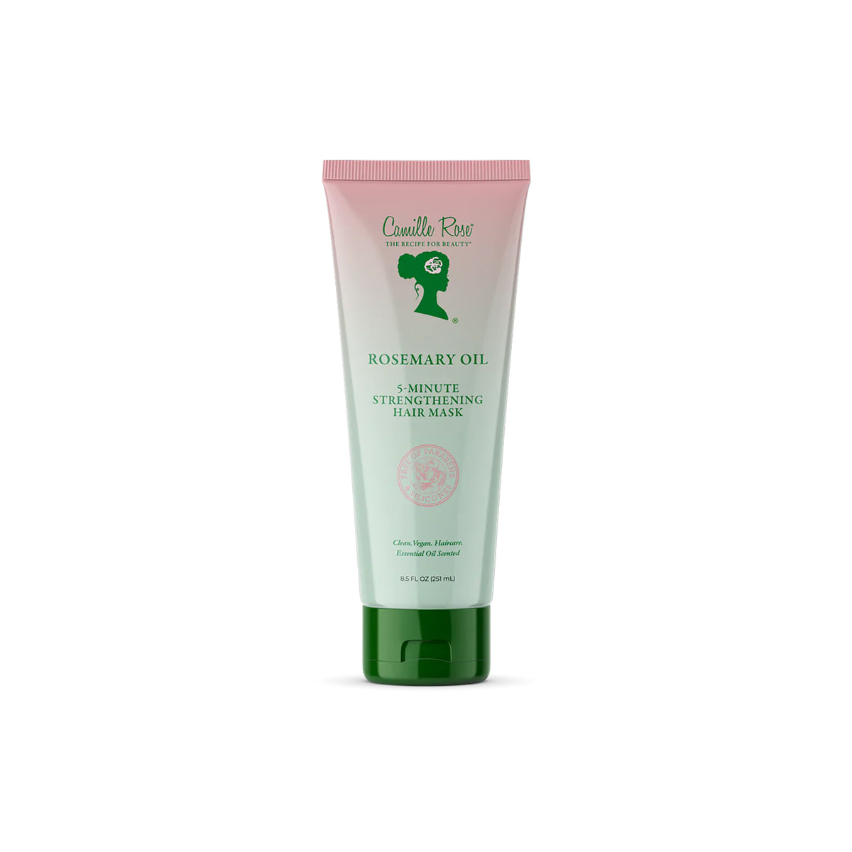 Light green tube with pink top containing Camille Rose Rosemary Oil 5-Minute Strengthening Hair Mask.