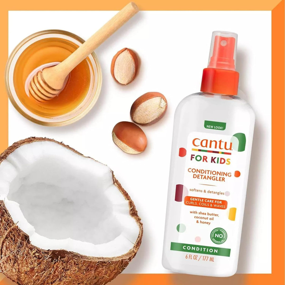 Cantu For Kids Conditioning Detangler bottle with coconut, honey and shea butter illustrations.