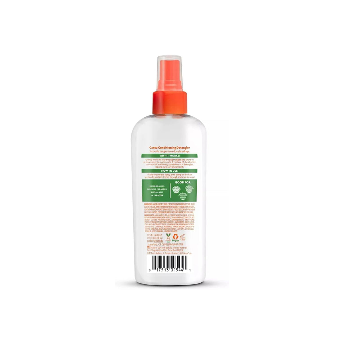 The back of a white spray bottle with an orange top containing Cantu For Kids Conditioning Detangler.