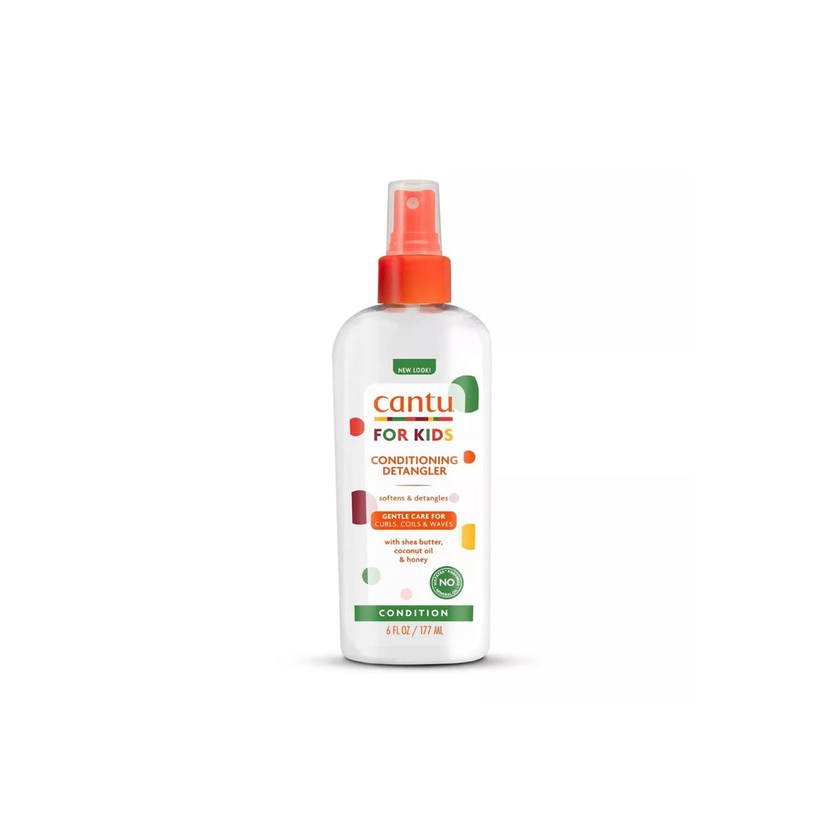 White spray bottle with orange top containing Cantu For Kids Conditioning Detangler.