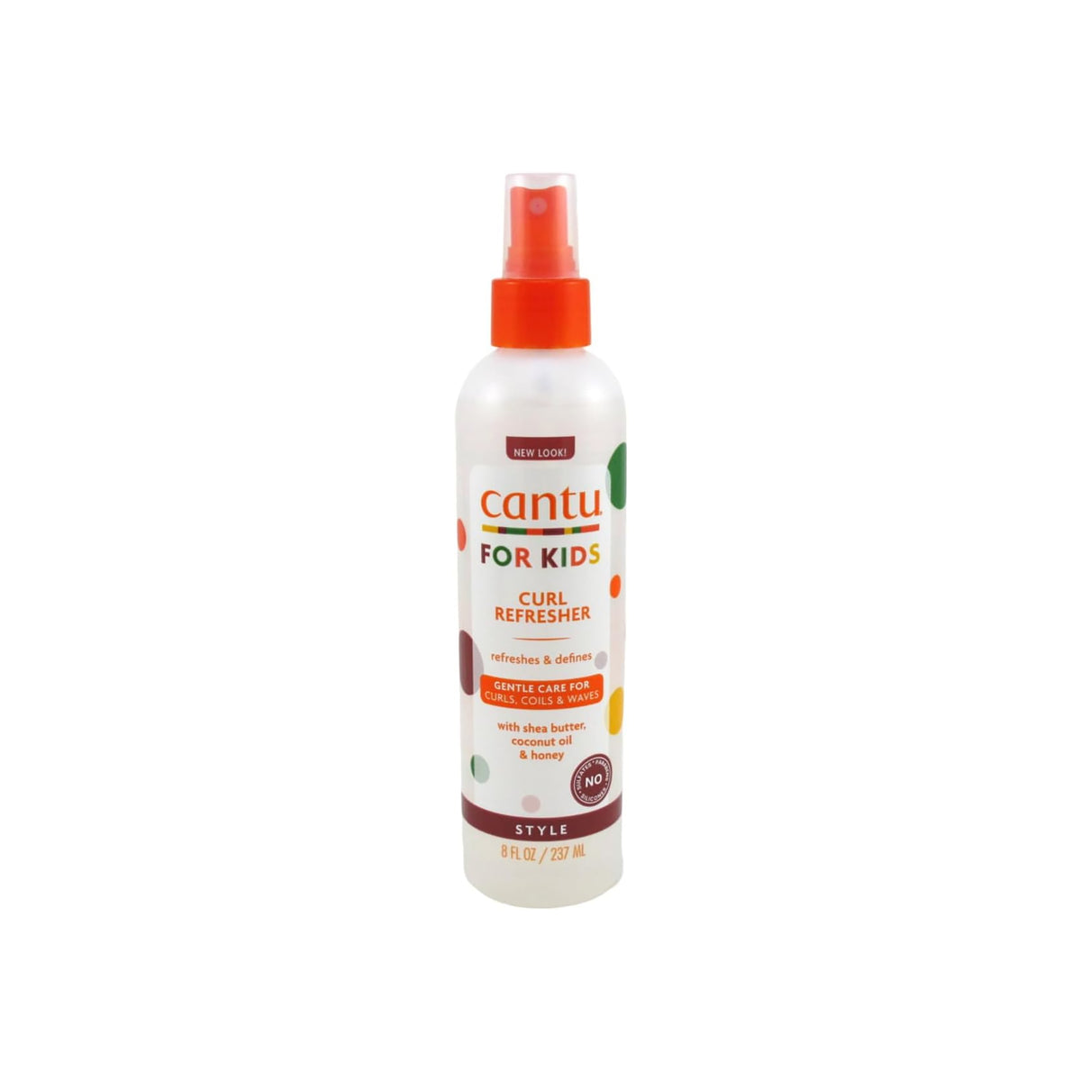White spray bottle with orange top containing Cantu For Kids Curl Refresher.