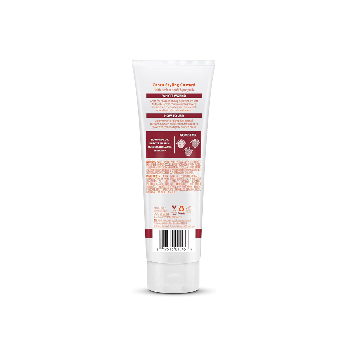 The back of a white tube with orange and red details containing Cantu For Kids Styling Custard.