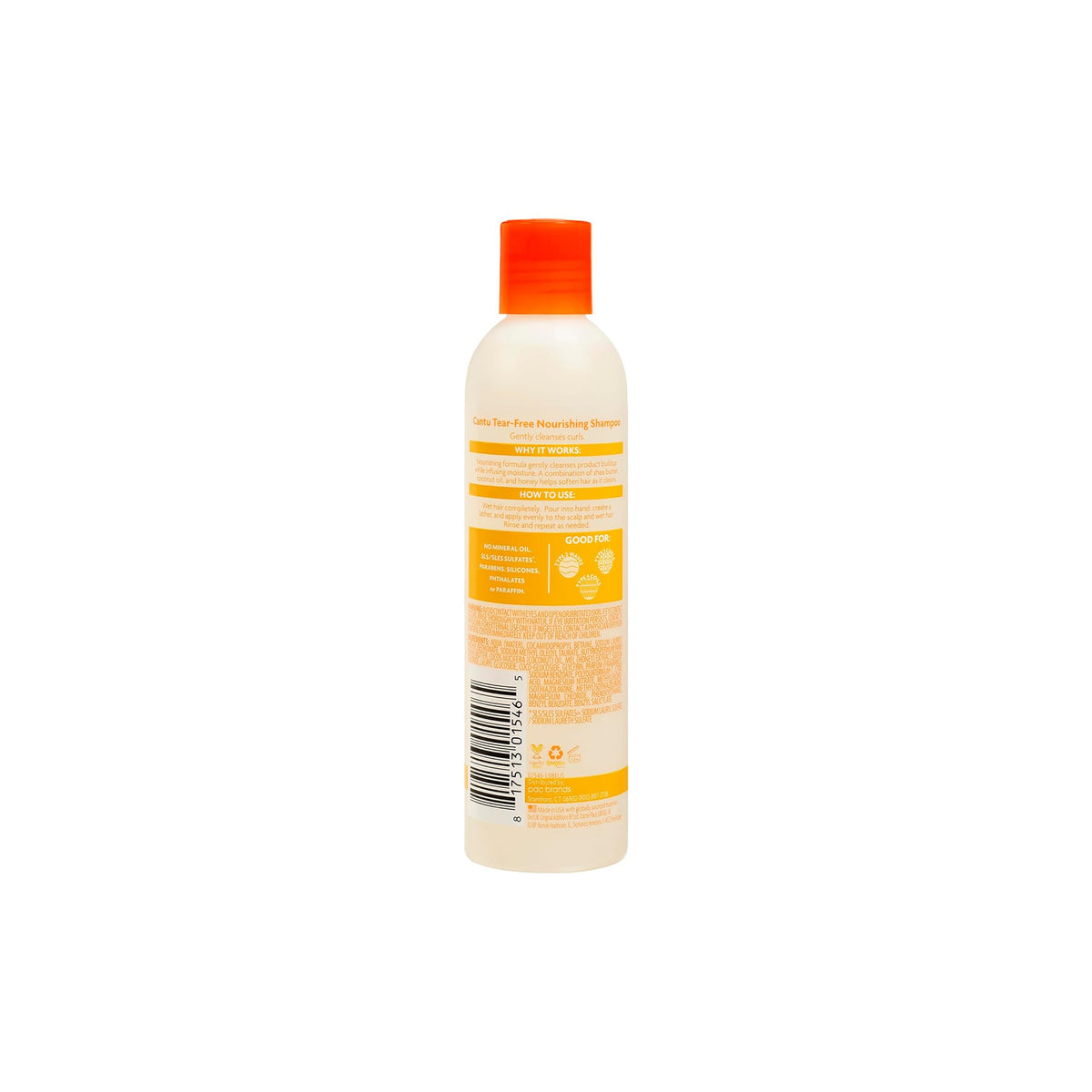 The back of a white bottle with an orange cap containing Cantu For Kids Tear-Free Nourishing Shampoo.