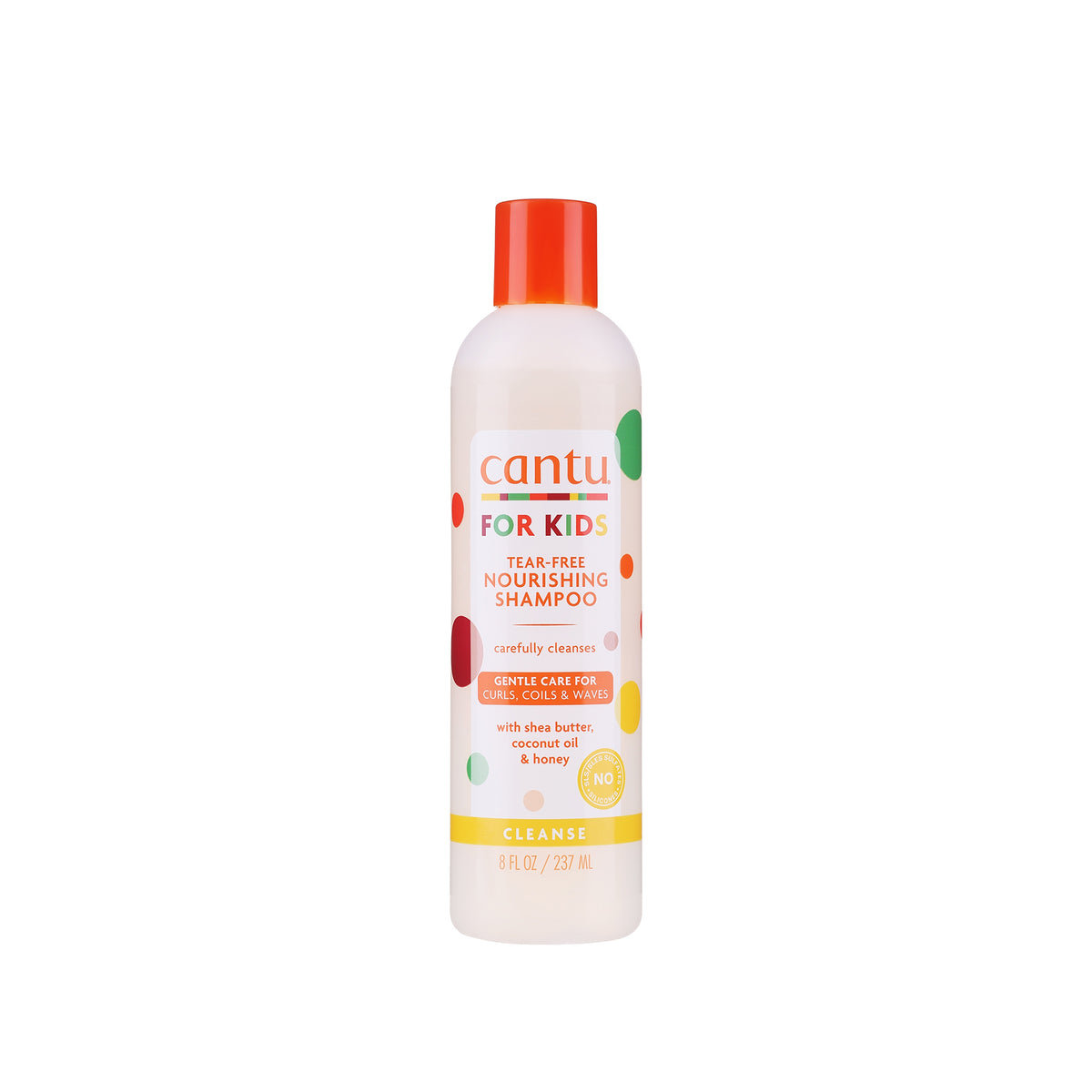 White bottle with orange cap containing Cantu For Kids Tear-Free Nourishing Shampoo.