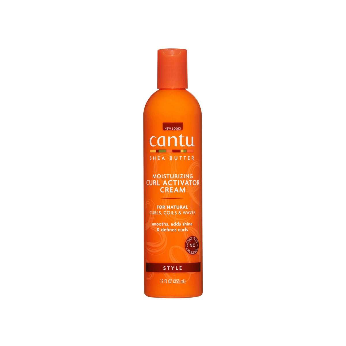 An orange bottle containing Cantu Shea Butter Moisturizing Curl Activator Cream for curly hair.