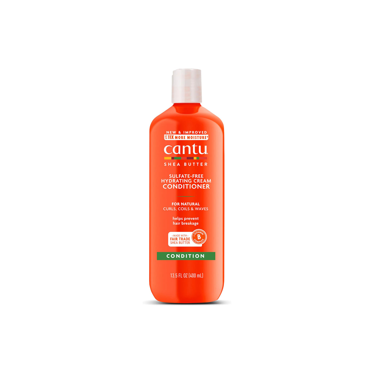 Orange bottle with white cap of Cantu Shea Butter Hydrating Cream Conditioner.