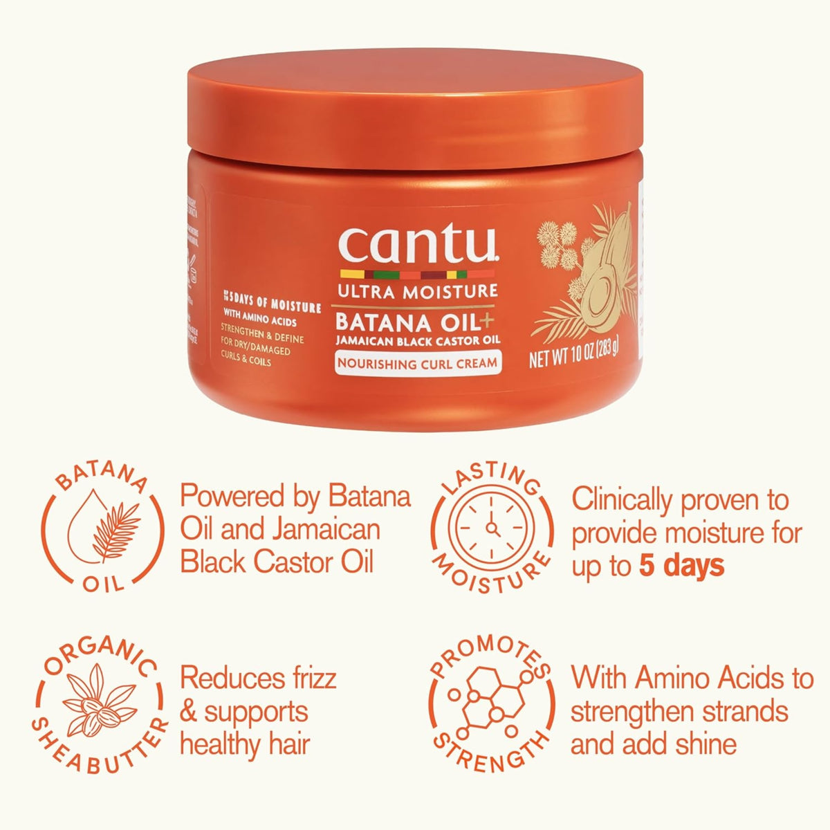 Cantu Ultra Moisture Batana Oil+ nourishing curl cream, orange bank of 283 g with icons of moisture and strength.