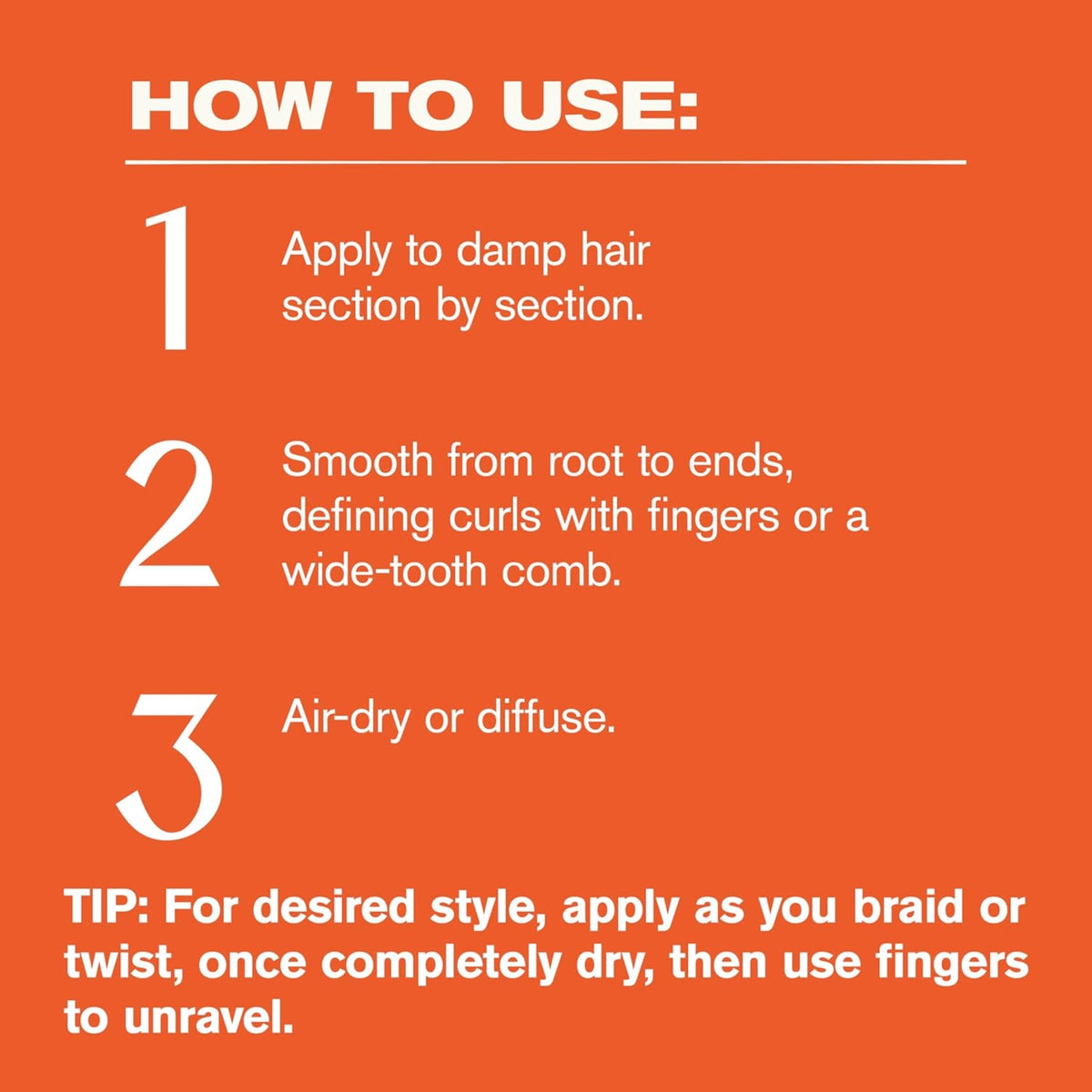 Step-by-step instructions on orange background: apply to damp hair, smooth out and air dry or diffuse curls.
