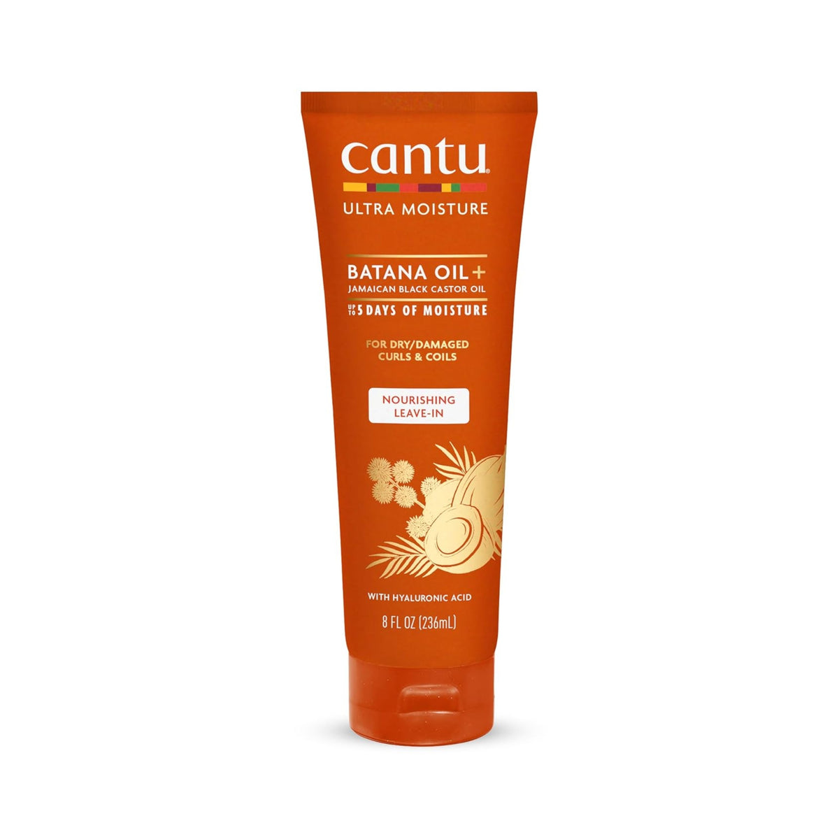 Orange tube Cantu Ultra Moisture Batana Oil+ Jamaican Black Castor Oil leave-in for curls, 236 ml.