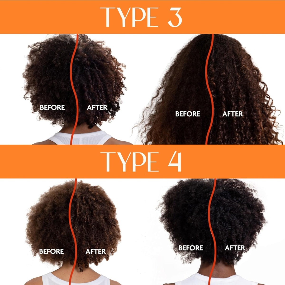 Before and after comparison of curly hair type 3 and type 4, shows more defined and shiny curls after use.