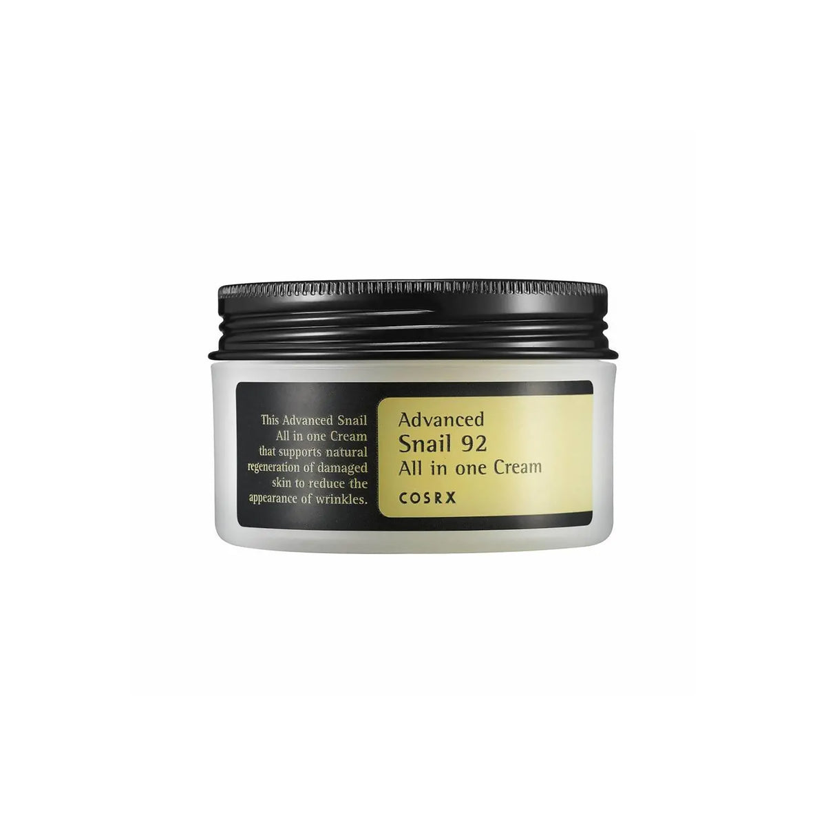 Black jar of Cosrx Advanced Snail 92 Cream 100gr, shown against a white background with a yellow and black label on the front.