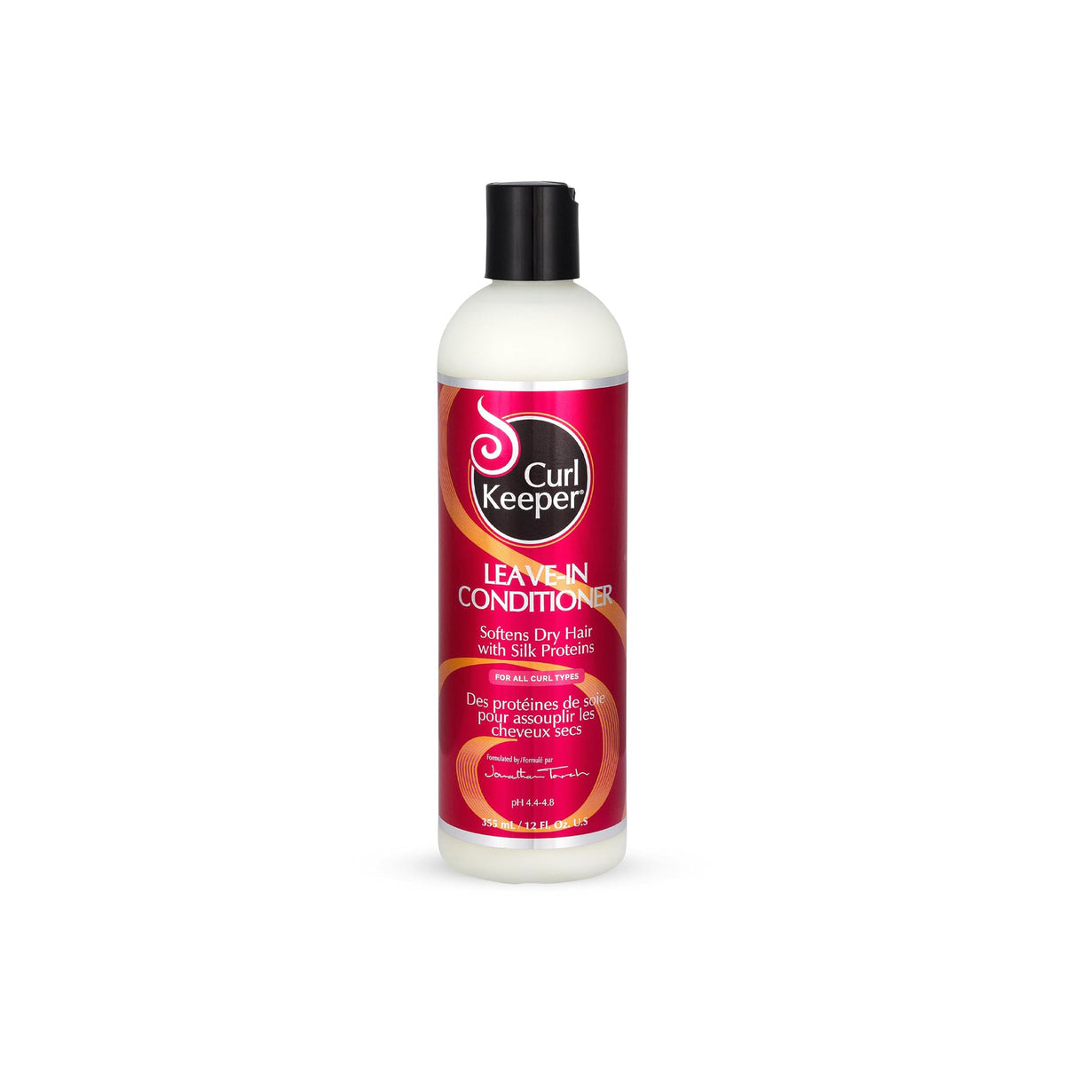 Bottle of Curl Keeper Leave-In Conditioner with red label and black cap.