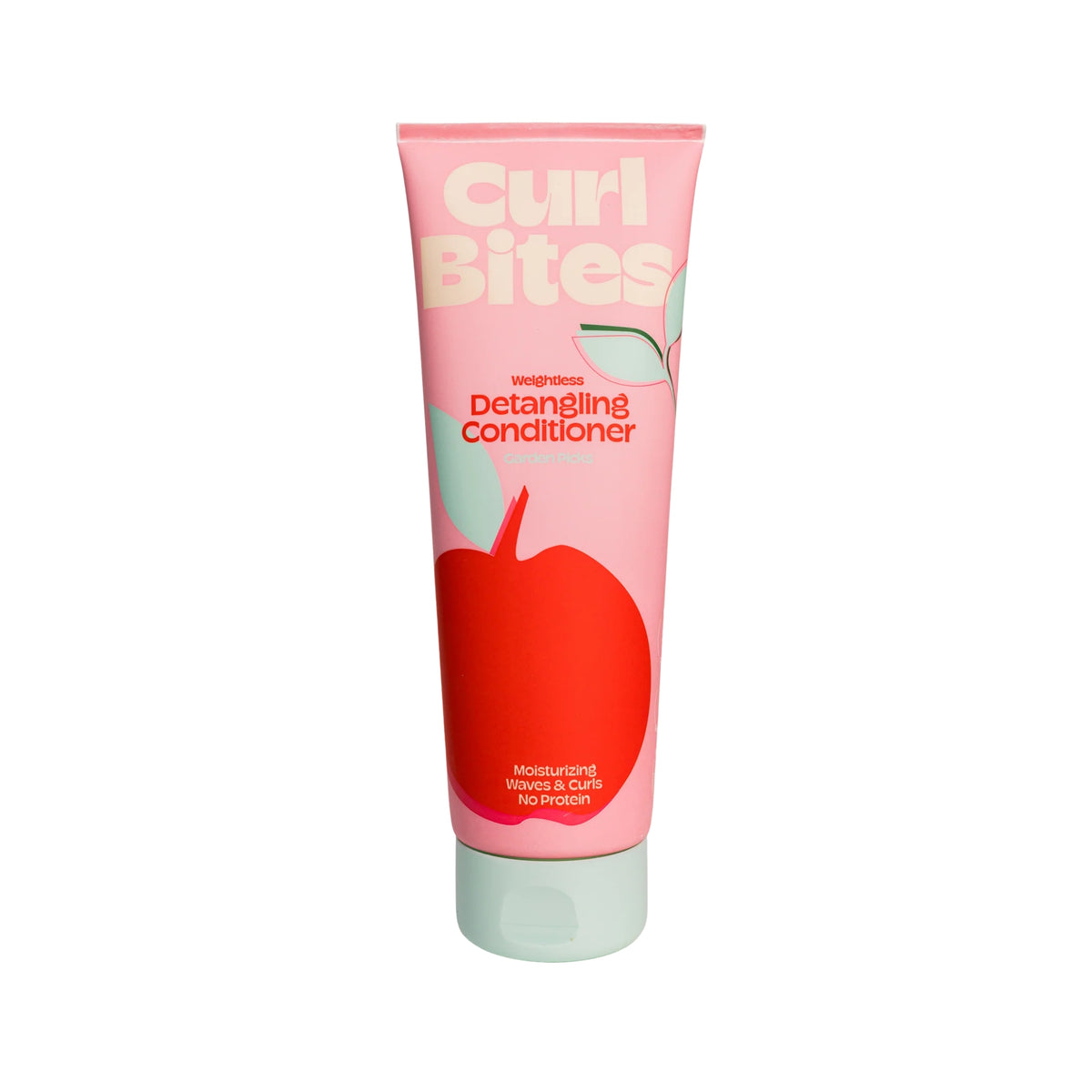 Curl Bites Detangling Conditioner in pink tube with red apple, for moisturizing care of waves and curls.