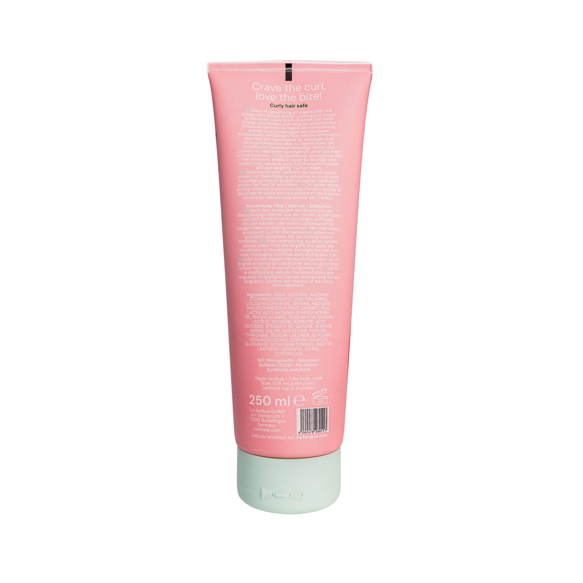 Back of Curl Bites conditioner tube, 250 ml, in pink design with light green screw cap and product information.