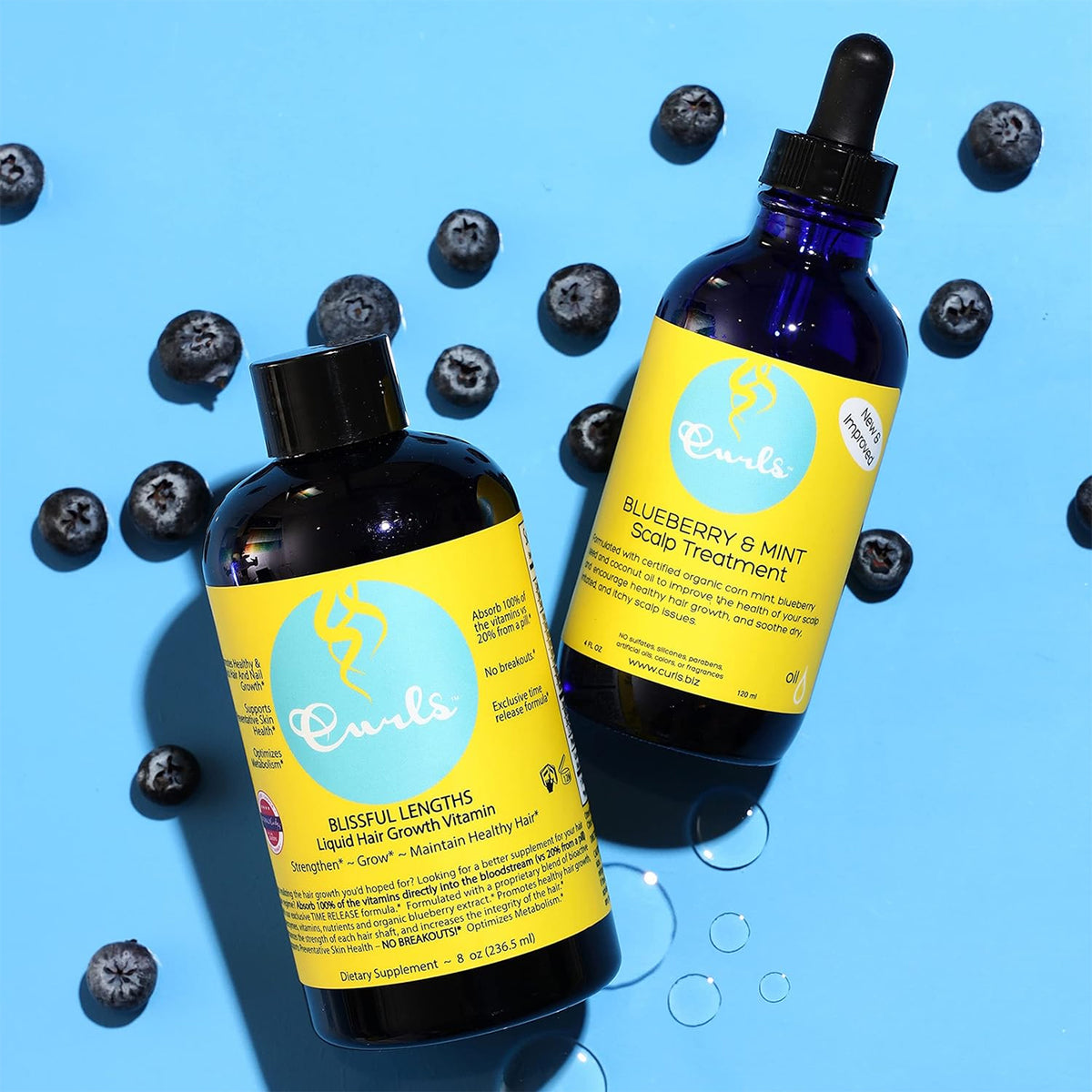 Curls Blissful Lengths Liquid Hair Growth Vitamin and Blueberry & Mint Scalp Treatment with fresh blueberries on a blue background.