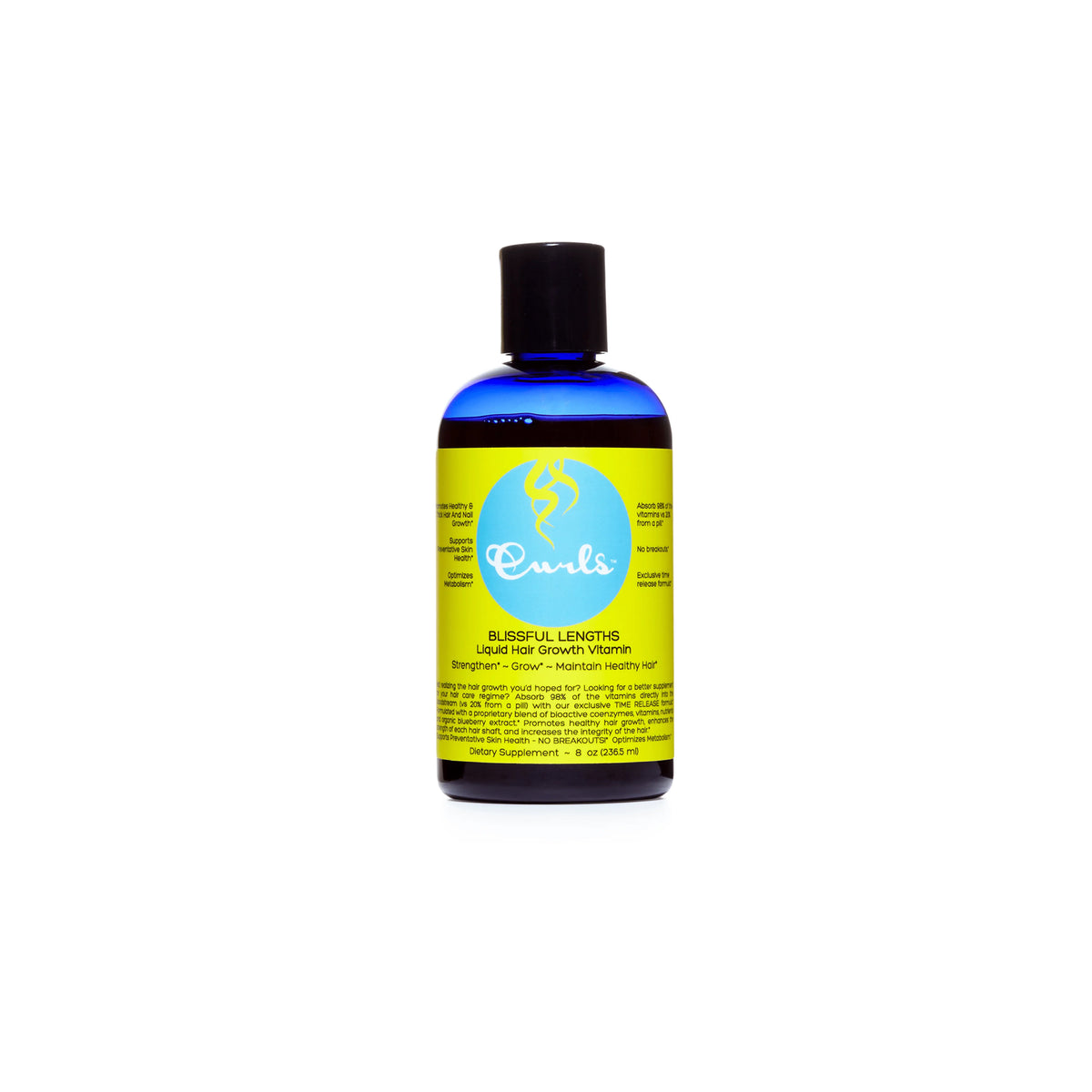 Bottle of Curls Blissful Lengths Liquid Hair Growth Vitamin with yellow label and black cap.
