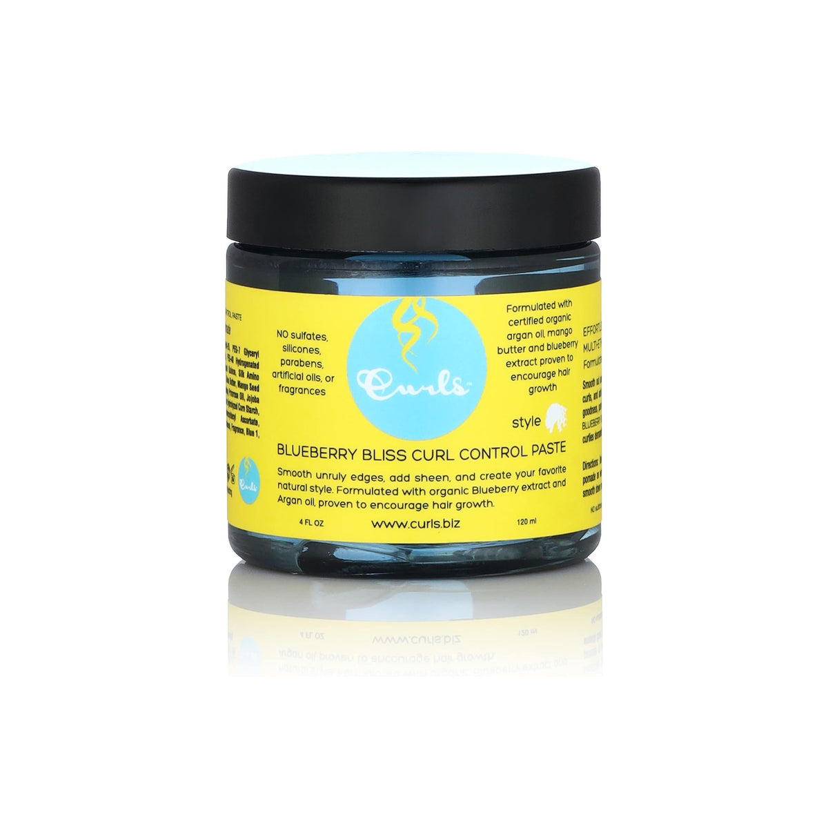 Plastic container with Curls Blueberry Bliss Curl Control Paste, yellow label with product information and black lid, ideal for curl definition.