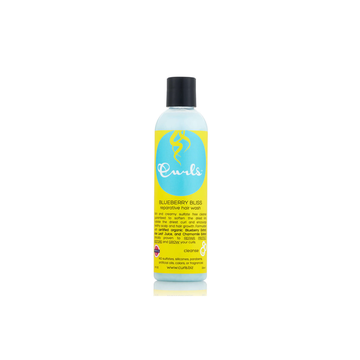 Curls Blueberry Bliss Reparative Hair Wash (236 ml). Clear bottle with light yellow label and black cap. 